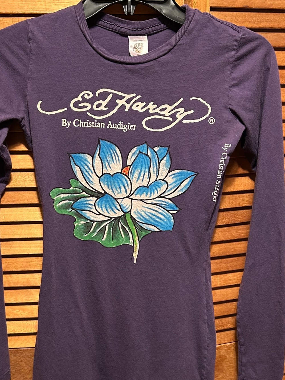 Ed Hardy Purple Long Sleeve Tunic Dress with Blue & Green Lotus Graphic - Picture 3 of 16